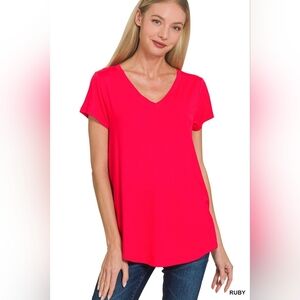 Zenana Rayon Short Sleeve V-neck Round Hem Top